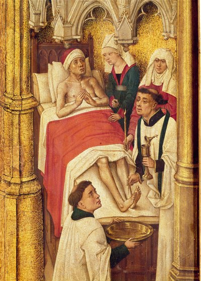 Erlösungstriptychon: Sakrament der Letzten Ölung, aus der Serie kleiner Bilder, die die Sakramente um das zentrale Bild der Kreuzigung darstellen, c.1460 von Vrancke van der Stockt